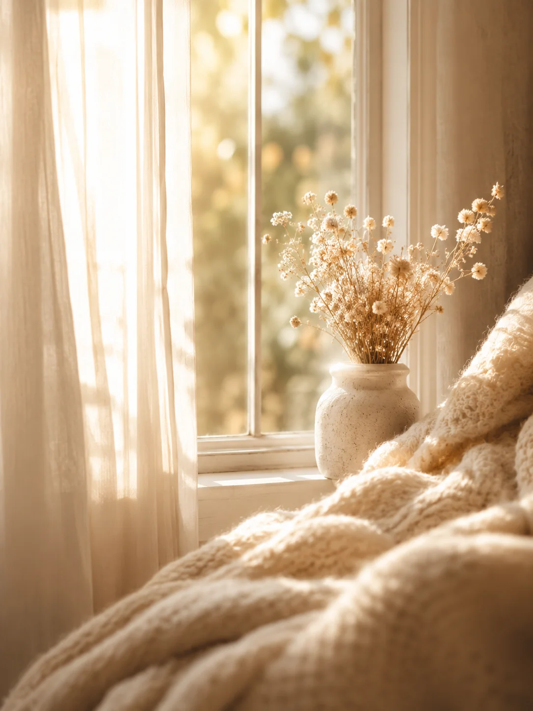 Cozy sunlit window with a small vase of dried flowers