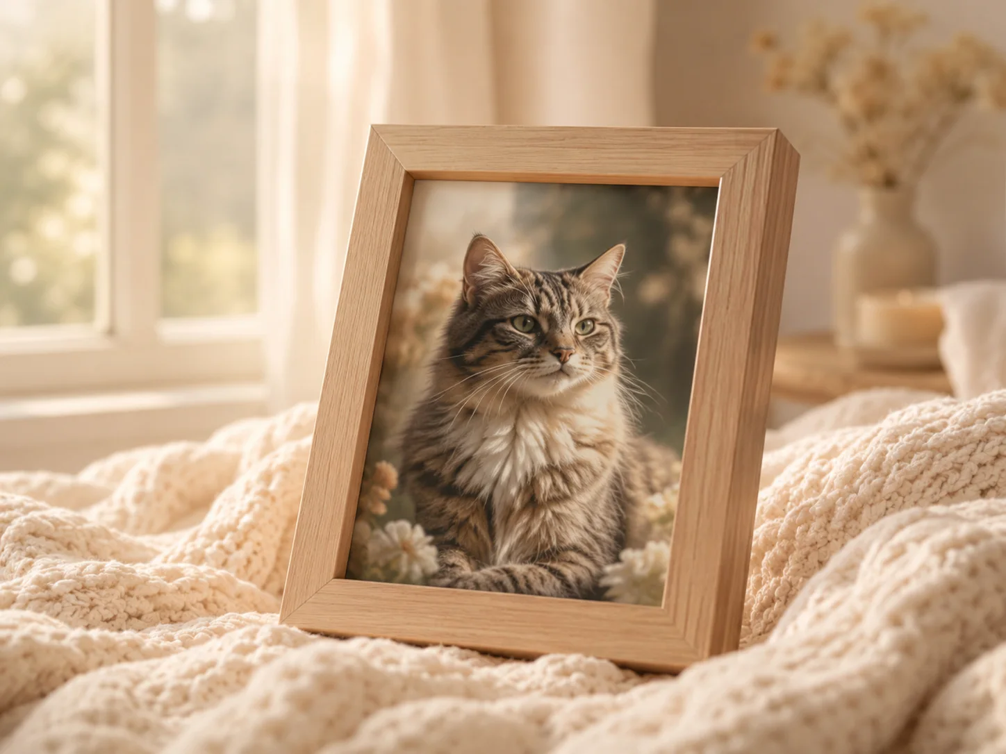Framed tabby cat portrait resting on a soft blanket