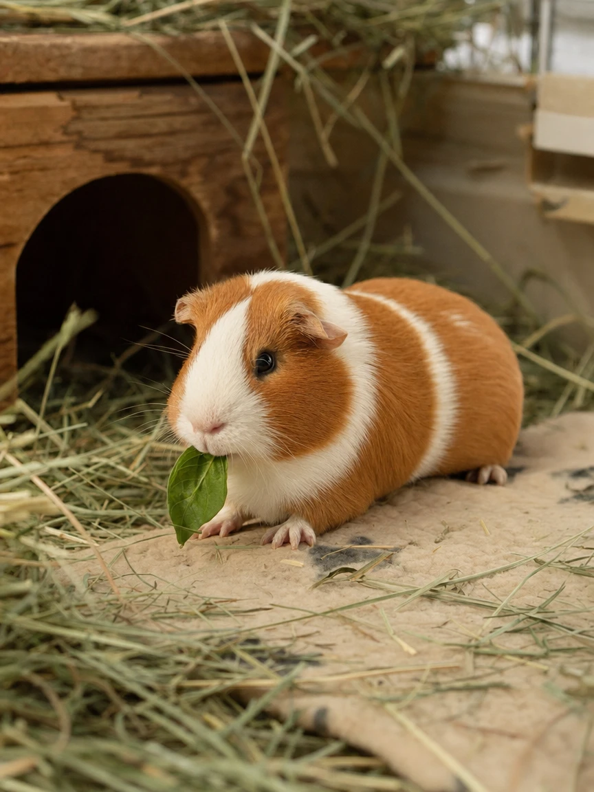 Biscuit's finished keepsake nibbling greens in a hay-filled hide