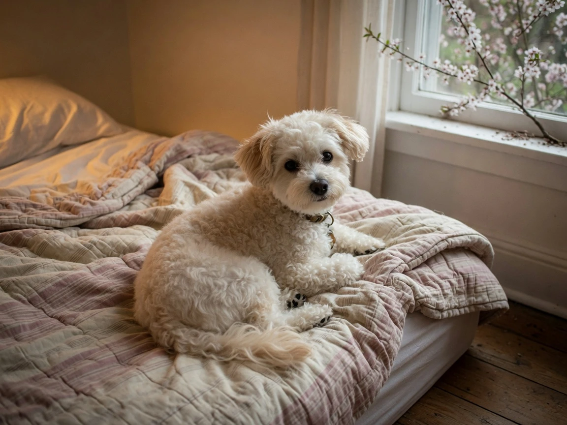 Daisy's finished keepsake portrait on a bedroom quilt