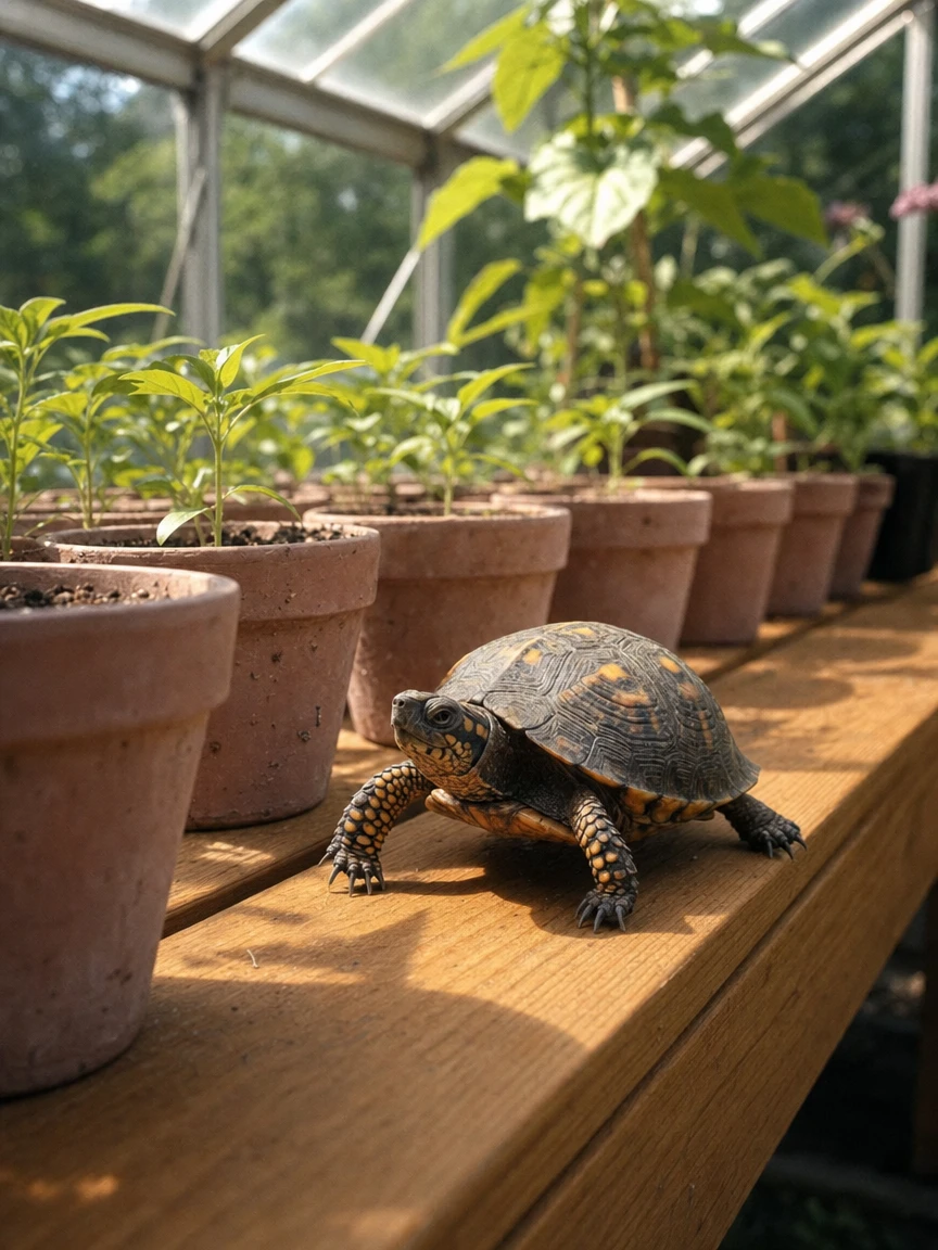 Juniper's finished keepsake on a greenhouse bench among seedlings