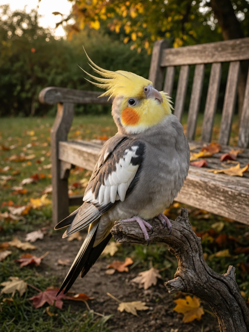 Mango's finished keepsake by a wooden bench with autumn leaves