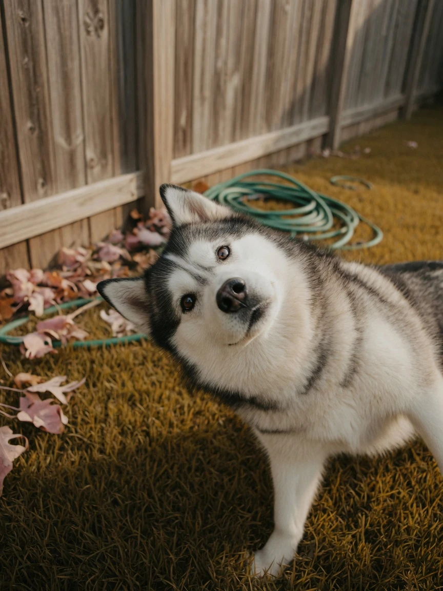 Nova's finished keepsake tilting her head by a backyard fence